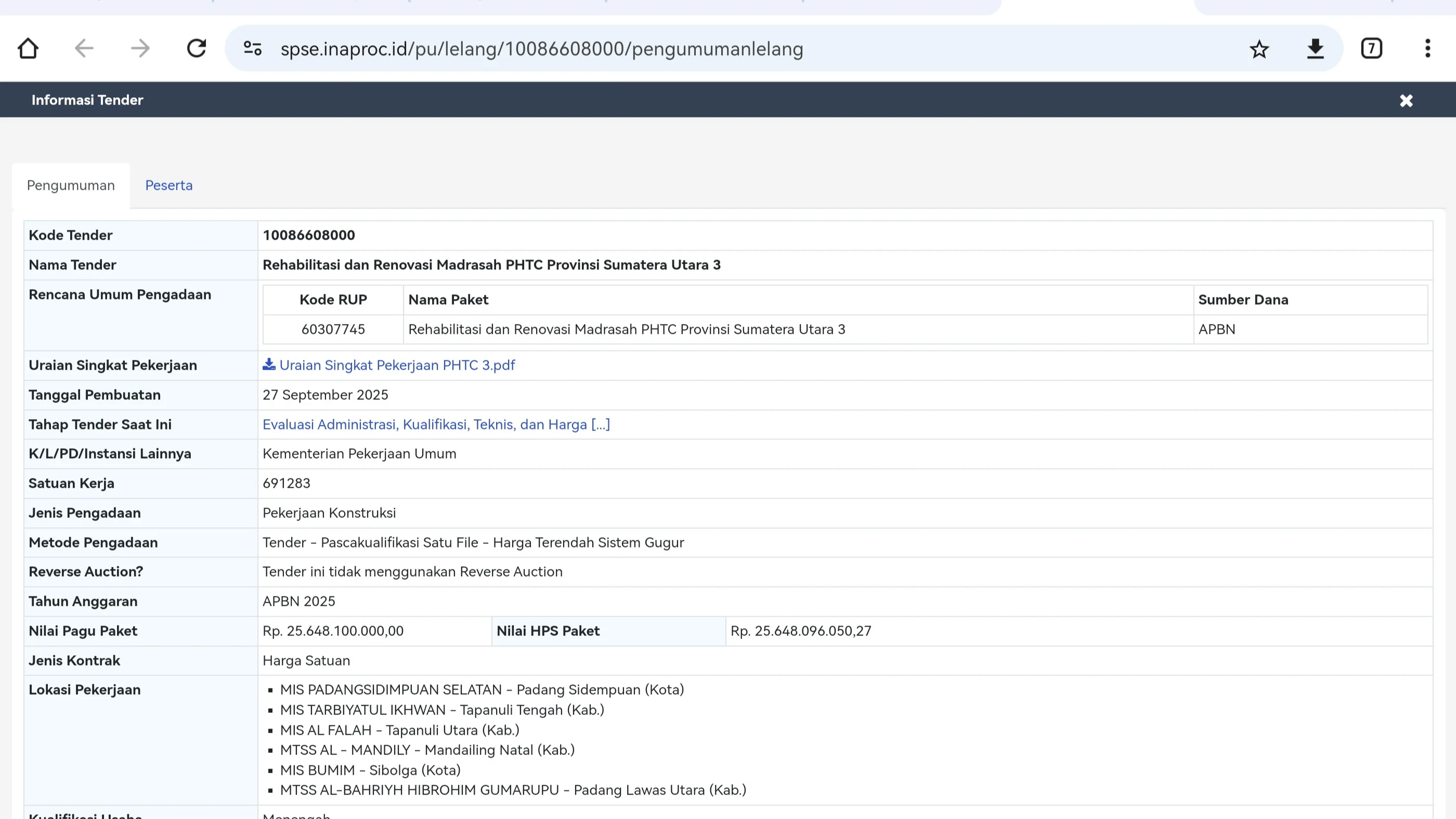 Tender Rehabilitasi dan Renovasi Madrasah PHTC Sumatera Utara 3 Senilai Rp25,6 Miliar